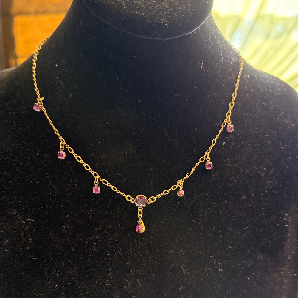 Clara Beau darkened bronze tone, adjustable, purple rhinestone drop necklace